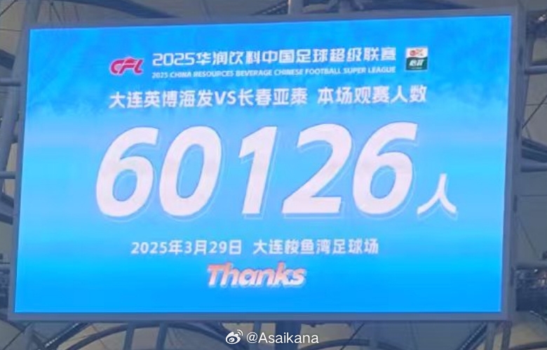 大连英博和长春亚泰吸引60126名观众现场观战，中超历史排名第二